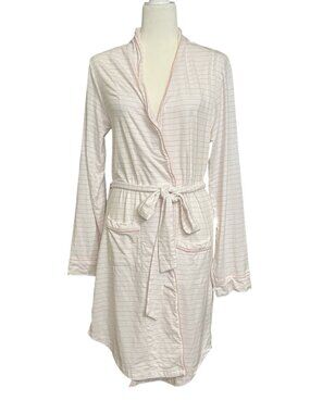 Cariloha Robe S/M White Pink Striped Bamboo Cotton Lounge Robe Belted Pockets